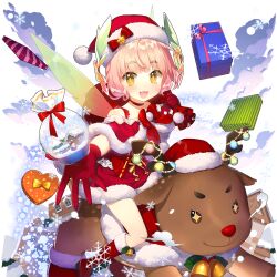 1girl blunt_bangs boots box dress gift gift_box gloves hat kanna_(uchihime) open_mouth pink_hair red_boots red_gloves reindeer salt_(salty) santa_costume santa_dress santa_hat short_hair sitting_on_animal uchi_no_hime-sama_ga_ichiban_kawaii wings yellow_eyes