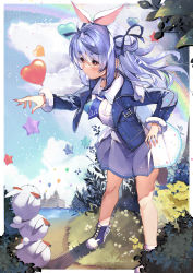 1girl absurdres animal_ears balloon blue_hair blue_jacket blue_ribbon day floating_hair full_body fur_trim grass hair_ribbon haruhina_purple heart_balloon highres hololive jacket long_hair long_sleeves open_clothes open_jacket outdoors pekomon_(usada_pekora) plant rabbit_ears rabbit_girl red_eyes ribbon shirt shoes short_eyebrows skirt standing star_balloon thick_eyebrows tied_ears usada_pekora usada_pekora_(casual) virtual_youtuber white_shirt white_skirt