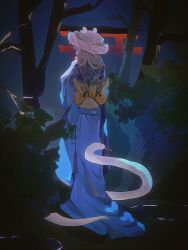 1girl adapted_costume back_bow blonde_hair blue_kimono bow chinese_commentary commentary_request from_behind grey_hat hair_ribbon hat highres japanese_clothes kimono long_hair long_sleeves mishaguji moriya_suwako night obi outdoors red_ribbon ribbon saky1 sash snake solo torii touhou tree white_snake yellow_bow