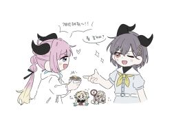 &gt;_&lt; 4girls ;d anyoji_hime aqua_neckerchief blonde_hair blue_eyes blue_hair blunt_sidelocks bowl ceras_yanagida_lilienfeld commentary_request dress flower flying_sweatdrops food gradient_hair grey_dress grey_hair gyuudon hair_flower hair_ornament heart highres holding holding_bowl holding_sign katsuragi_izumi korean_text link!_like!_love_live! long_hair looking_at_another love_live! multicolored_hair multiple_girls neckerchief one_eye_closed open_mouth orange_eyes osawa_rurino pink_flower pink_hair puffy_short_sleeves puffy_sleeves red_neckerchief sailor_collar short_sleeves sidelocks sign simple_background smile sparkle speech_bubble summer_uniform translation_request triangle_hair_ornament twintails v-shaped_eyebrows very_long_hair virtual_youtuber white_background white_sailor_collar wolf_cut yellow_neckerchief zueka27