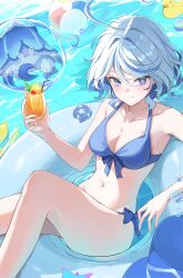 1girl ahoge ball beachball bikini blue_bikini blue_eyes blue_hair bow bow_bikini breasts cherry collarbone cup dawon drinking_glass drinking_straw drop-shaped_pupils feet_out_of_frame food fruit furina_(genshin_impact) genshin_impact hair_between_eyes heterochromia highres holding holding_cup innertube mademoiselle_crabaletta medium_breasts multicolored_hair navel rubber_duck smile solo streaked_hair swim_ring swimsuit symbol-shaped_pupils two-tone_hair water white_hair