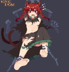 Rule 34 | 1girl, absurdres, animal ears, ankle grab, artist name, barefoot, black dress, braid, breasts, cat ears, cat girl, cat tail, dress, flying sweatdrops, full body, held down, highres, kaenbyou rin, kingdom (user ysav4824), open mouth, pixel art, red eyes, red hair, restrained, skull, soles, solo, tail, torn clothes, torn dress, touhou, twin braids, underboob