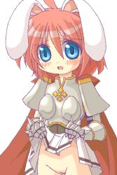 1girl 2000s_(style) animal_ears armor blue_eyes blush boobplate breastplate cape commentary_request cowboy_shot cross lifting_own_clothes looking_at_viewer lord_knight_(ragnarok_online) lowres miniskirt no_panties oekaki open_mouth pauldrons pink_hair pussy rabbit_ears rabbit_girl ragnarok_online raised_inner_eyebrows red_cape shirokuro_(lapinnoir) short_hair shoulder_armor simple_background skirt solo spiked_gauntlets uncensored white_background white_skirt