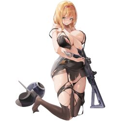 1girl adjusting_bra adjusting_clothes areola_slip arm_between_breasts bare_arms bare_shoulders belt belt_pouch between_breasts black_belt black_bra black_garter_straps black_headwear black_panties black_skirt blush bra breasts broken brown_thighhighs cailleach_bheur cailleach_bheur_(last_origin) choyeon cleavage clothes_around_waist collarbone cz_805_bren drone embarrassed fedora game_cg garter_straps green_eyes gun hairband hat high-waist_skirt highres holding holding_bra holding_unworn_clothes holding_gun holding_underwear holding_unworn_clothes holding_weapon huge_breasts id_card kneeling lace lace-trimmed_legwear lace-trimmed_thighhighs lace_bra lace_trim last_origin looking_to_the_side micro_panties miniskirt official_alternate_costume official_art open_bra open_mouth orange_hair panties panty_pull pencil_skirt pouch red_hairband rifle see-through_clothes see-through_shirt shirt shirt_around_waist short_hair simple_background skindentation skirt solo string_bra string_panties suspender_skirt suspenders tachi-e thick_thighs thighhighs thighs torn_bra torn_clothes torn_panties torn_shirt torn_skirt torn_thighhighs transparent_background underwear weapon white_shirt