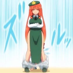 Rule 34 | 2girls, blush stickers, breasts, chinese clothes, cirno, closed eyes, closed mouth, clothes pull, detached wings, dress, fairy, green dress, green footwear, green headwear, hat, hat ornament, hong meiling, ice, ice wings, large breasts, long hair, long sleeves, multiple girls, orange hair, shirosato, shoes, smile, standing, star (symbol), star hat ornament, touhou, wings