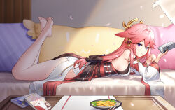 Rule 34 | 1girl, absurdres, animal ears, bare legs, barefoot, blush, book, breasts, chopsticks, closed mouth, detached sleeves, food, fox ears, from side, genshin impact, hair between eyes, hair ornament, highres, holding, holding book, japanese clothes, large breasts, long hair, long sleeves, low-tied long hair, lying, nontraditional miko, on stomach, pillow, pink hair, plate, purple eyes, sideboob, sleeveless, smile, solo, the pose, tofu, very long hair, wide sleeves, yae miko, yousei no guiji