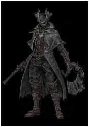 1boy absurdres antique_firearm bandana belt black_bandana black_belt black_coat black_mask black_pants bloodborne bracer brown_gloves brown_vest capelet coat firearm firelock flintlock gloves grey_capelet gun handgun hat highres holding holding_gun holding_saw holding_weapon hunter_(bloodborne) leather leather_gloves long_sleeves pants pocket_watch red_eyes robinrot simple_background solo tricorne vest watch weapon