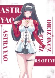 1girl astra_yao black_hair blunt_sidelocks breasts cleavage dress earrings hairband jacket jewelry large_breasts long_hair looking_at_viewer necklace pearl_necklace purple_eyes red_eyes red_jacket red_shrug sidelocks smile solo thigh_beads uneven_bangs user_mpsk3842 white_dress white_hairband zenless_zone_zero