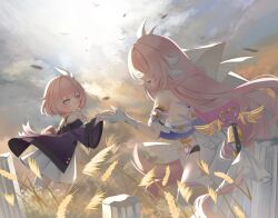 2girls absurdres bare_shoulders blue_eyes coat commentary cyrene_(honkai:_star_rail) dress elysia_(herrscher_of_human:_ego)_(honkai_impact) elysia_(honkai_impact) english_commentary from_side gloves highres honkai:_star_rail honkai_(series) honkai_impact_3rd in-franchise_crossover inoue_marina long_hair looking_at_another multiple_girls no_noru open_mouth outdoors pink_hair purple_coat revision smile taking_another&#039;s_hand veil voice_actor_connection white_dress white_gloves white_veil yanning