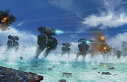box cloud edouard_groult explosion firing highres mecha no_humans ocean original robot science_fiction sky splashing walker_(robot) walking war water
