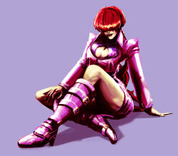 1girl absurdres boots breasts cleavage cleavage_cutout clothing_cutout curvy dress heel_up highres huge_breasts ibdinosaur large_breasts latex leather long_hair long_sleeves pale_skin ponytail red_hair shermie_(kof) shiny_clothes sitting skirt smile the_king_of_fighters thick_thighs thighs wide_hips
