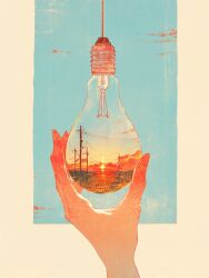 0_11xx blue_background blue_sky cable close-up cloud cloudy_sky hand_up highres holding_light_bulb original pink_background sky sunset utility_pole