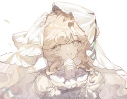 1girl aa_huaju_pifa_ma_zong aqua_eyes bandaged_hand bandages blonde_hair dress grin hands_up highres interlocked_fingers long_hair lorelei_(reverse:1999) own_hands_together reverse:1999 smile solo upper_body veil white_background white_dress white_veil