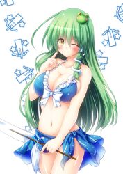 1girl bikini bikini_skirt blue_bikini bow bow_bikini breasts brown_eyes cleavage cowboy_shot frog_hair_ornament gohei green_hair hair_ornament highres kochiya_sanae large_breasts looking_at_viewer navel one_eye_closed osashin_(osada) simple_background smile snake_hair_ornament solo stomach swimsuit touhou white_background