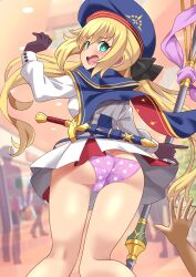 1boy 1girl artoria_caster_(fate) artoria_caster_(second_ascension)_(fate) artoria_pendragon_(fate) ass bare_legs blue_capelet blue_hat blush bright_pupils butt_crack capelet clothes_lift crotch_seam dress dress_lift fate/grand_order fate_(series) flustered from_behind gloves green_eyes hat highres holding holding_staff long_hair long_sleeves looking_back open_mouth panties pleated_dress pov pov_hands print_panties purple_panties shimouki_izui skirt skirt_flip staff staff_of_selection_(fate) star_(symbol) star_panties star_print sword trefoil underwear w_arms weapon white_dress white_pupils