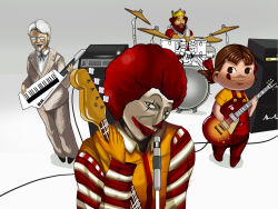 1girl 3boys :q afro amplifier bass_guitar burger_king clown colonel_sanders creepy crown don&#039;t_say_&quot;lazy&quot; drum drum_set eroke glasses guitar head_tilt horror_(theme) instrument k-on! keyboard keytar kfc mcdonald&#039;s microphone microphone_stand multiple_boys parody peko-chan ronald_mcdonald satire speaker striped the_king tongue tongue_out what