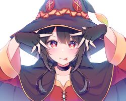 Rule 34 | 1girl, black cape, black choker, black gloves, black hair, blush, cape, choker, closed mouth, collarbone, commentary request, double v, dress, fingerless gloves, fu7, gloves, hat, highres, hoshino ai, hoshino ai&#039;s pose, kono subarashii sekai ni shukufuku wo!, long hair, looking at viewer, megumin, oshi no ko, pose imitation, red dress, red eyes, sidelocks, simple background, smile, solo, star-shaped pupils, star (symbol), symbol-shaped pupils, takahashi rie, tongue, tongue out, v, voice actor connection, white background, wide sleeves, witch hat