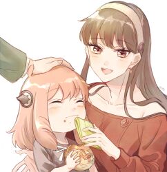 Rule 34 | 1boy, 2girls, :d, anya (spy x family), arm behind back, black hair, black shirt, burger, closed eyes, dashimakick, dress, earrings, father and daughter, food, green jacket, hairband, headpat, highres, holding, holding burger, holding food, husband and wife, jacket, jewelry, long hair, medium hair, mother and daughter, multiple girls, off-shoulder sweater, off shoulder, open mouth, pink hair, red eyes, ribbon, shirt, short sleeves, sidelocks, smile, spy x family, sweater, sweater dress, teeth, twilight (spy x family), upper teeth only, white background, white hairband, white ribbon, wiping mouth, yor briar