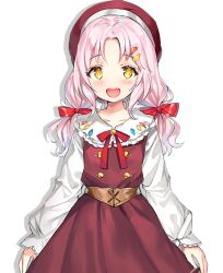 1girl :d beret blush bow brown_dress brown_hat buttons double-breasted dress hair_bow hair_ornament hairclip hat inari_rin long_sleeves looking_at_viewer medium_hair momoko_(momopoco) neck_ribbon official_art open_mouth oshiego_ni_kyouhaku_sareru_no_wa_hanzai_desu_ka? parted_bangs pink_hair red_bow red_ribbon ribbon simple_background smile solo transparent_background white_sleeves yellow_eyes