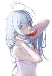 1girl 86_-eightysix- absurdres antenna_hair babydoll blue_eyes blush breasts closed_mouth colored_eyelashes commentary_request detached_collar gani1127 hair_between_eyes highres long_hair looking_at_viewer medium_breasts multicolored_hair red_hair red_streaks see-through_babydoll see-through_clothes simple_background solo streaked_hair vladilena_millize white_background white_hair