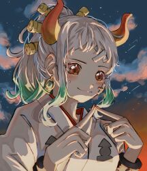 Rule 34 | 1girl, absurdres, bandaid, bandaid on face, blush, closed mouth, cloud, commentary, cuffs, earrings, green hair, hair ornament, handcuffs, highres, horns, jewelry, night, night sky, one piece, orange eyes, ponytail, sidelocks, sky, smile, solo, sweatdrop, u mi031, upper body, yamato (one piece)