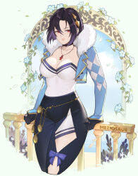 1girl black_choker black_gloves black_hair black_pants blue_jacket blue_sky breasts choker cleavage closed_mouth clothing_cutout cloud cloudy_sky collarbone cropped_jacket fire_emblem fire_emblem_engage fur-trimmed_jacket fur_trim gloves hair_ornament high-waist_pants jacket jewelry large_breasts lipstick looking_at_viewer makeup meziosaur necklace nel_(fire_emblem) nintendo pants parted_bangs pink_lips purple_hair red_eyes short_hair sky smile solo standing thigh_cutout tight_clothes tight_pants