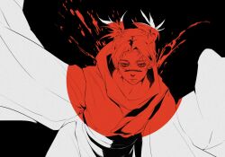 1boy bags_under_eyes black_background blood blood_splatter choso_(jujutsu_kaisen) closed_mouth commentary_request cowboy_shot double_bun facial_mark hair_bun highres jujutsu_kaisen katsumira layered_sleeves limited_palette long_sleeves looking_at_viewer male_focus parted_hair robe sanpaku simple_background solo