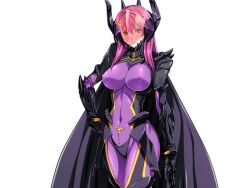 1girl armor bodysuit breasts cape covered_erect_nipples covered_navel cowboy_shot dark_reica game_cg gentle_sasaki hand_on_own_hip horns large_breasts large_variant_set long_hair looking_at_viewer non-web_source official_art pink_hair purple_bodysuit shindou_hatsune skin_tight solo soukou_senki_prism_reica transparent_background variant_set