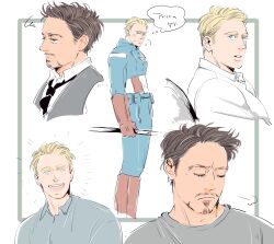 2boys avengers_(series) black_necktie blonde_hair blue_bodysuit blue_eyes blue_shirt bodysuit boots border brown_hair captain_america closed_eyes closed_mouth collared_shirt commentary_request facial_hair from_side full_body gloves grey_shirt grey_vest half-closed_eyes highres hood hooded_bodysuit looking_afar looking_at_another male_focus marvel marvel_cinematic_universe multiple_boys multiple_views my_3rd necktie notice_lines open_mouth outside_border pocket red_boots red_gloves shirt short_hair simple_background smile speech_bubble squiggle standing star_(symbol) steve_rogers superhero_costume sweatdrop teeth thought_bubble tony_stark upper_body vertical-striped_bodysuit vest white_background white_border white_shirt