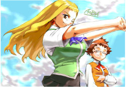 00s aoba aoba_(smartbeat) eyeshadow glasses kikukawa_yukino makeup my-hime non-web_source one_eye_closed school_uniform serafuku stretching suzushiro_haruka wink