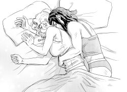 2girls blanket breasts camisole commentary_request dreadlocks ermes_costello hair_down hug hug_from_behind jeonjin_(mynamebazin) jojo_no_kimyou_na_bouken korean_commentary kuujou_jolyne lying medium_breasts monochrome multiple_girls on_side panties pillow screentones sleeping stone_ocean tank_top underwear underwear_only yuri