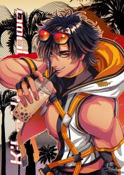 1boy brown_hair bubble_tea eyewear_on_head fingerless_gloves gloves highres indie_virtual_youtuber jacket jubako_(nest_of_boxes) kite_hasegawa male_focus muscular muscular_male open_clothes open_jacket smile yellow_eyes