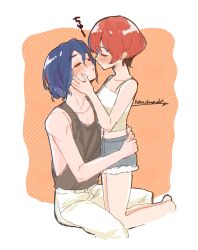1boy 1girl absurdres amate_yuzuriha blue_hair blush closed_eyes commentary_request denim denim_shorts gundam gundam_gquuuuuux hetero highres hinachanchi_ii hug imminent_kiss kneeling orange_background red_hair short_hair shorts shuji_ito sitting sleeveless sweatdrop tank_top