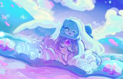 Rule 34 | 2girls, arms on head, bare shoulders, blue bow, blue eyes, blue eyeshadow, blue hair, blue skin, blue sky, bow, closed eyes, closed mouth, colored skin, commentary, cookie run, cookie run: kingdom, dress, drill hair, english commentary, eternal sugar cookie, eyelashes, eyeshadow, flower, forehead jewel, gem, gradient hair, gradient sky, grass, hair bow, hand on own face, hand up, heterochromia, highres, long hair, looking at another, looking down, lying, lying on person, makeup, mismatched pupils, mothpupa, mountain, multicolored hair, multiple girls, night, night sky, on stomach, open mouth, outdoors, petals, pink flower, pink hair, pink rose, pink skin, purple gemstone, river, rose, scenery, see-through clothes, see-through veil, shadow milk cookie, shadow milk cookie (female), sky, sleeveless, sleeveless dress, smile, star (sky), starry sky, veil, very long hair, white dress, yuri