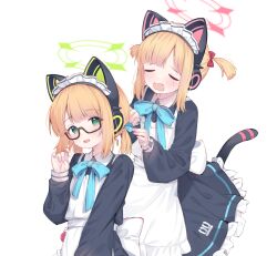 2girls animal_ear_headphones animal_ears apron aqua_bow aqua_bowtie back_bow bespectacled black-framed_eyewear black_dress black_tail blonde_hair blue_archive blunt_bangs blush borrowed_clothes bow bowtie cat_ear_headphones cat_ears cat_tail closed_eyes collared_dress commentary_request contrast_collar dot_nose dress eip_(pepai) fake_animal_ears fake_tail frilled_apron frilled_dress frills glasses green_eyes green_halo hair_around_finger hair_bow halo hand_up head_tilt headphones highres light_smile long_sleeves looking_at_another looking_back low_twintails maid maid_apron maid_headdress medium_hair midori_(blue_archive) midori_(maid)_(blue_archive) millennium_science_school_logo momoi_(blue_archive) momoi_(maid)_(blue_archive) multiple_girls number_print official_alternate_costume official_alternate_hairstyle open_mouth parted_bangs pink_halo psd_available puffy_long_sleeves puffy_sleeves raised_inner_eyebrows red_bow semi-rimless_eyewear short_twintails sidelocks simple_background tail tail_raised teardrop twintails tying_another&#039;s_hair tying_hair under-rim_eyewear upper_body white_apron white_background white_bow white_headdress
