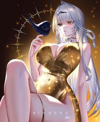 1girl absurdres alternate_costume artist_name bare_legs bare_shoulders bird bird_on_hand black_bird breasts commentary covered_navel crossed_legs dress gold_dress grey_hair hair_ornament highres jewelry large_breasts legs long_hair looking_at_animal no_panties orange_eyes parted_lips ringeko-chan single_hair_intake skindentation solo thighlet thighs very_long_hair yellow_background yixuan_(zenless_zone_zero) zenless_zone_zero