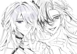 1boy 1girl acheron_(honkai:_star_rail) boothill_(honkai:_star_rail) chinese_commentary closed_mouth couple grey_eyes grey_hair hair_ornament hair_over_one_eye hands_up head_tilt heads_together highres honkai:_star_rail honkai_(series) leaning_on_person leaning_to_the_side long_hair looking_at_viewer looking_to_the_side partially_colored piercing purple_eyes purple_hair sharp_teeth simple_background standing teeth tongue tongue_out tongue_piercing upper_body uriellucina white_background
