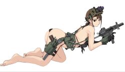 1girl barefoot bikini black_bikini black_eyes brown_gloves brown_hair closed_mouth commentary_request gloves gun holding holding_gun holding_weapon holster korean_commentary legs load_bearing_equipment night_vision_device original simple_background solo suppressor swimsuit thighs wani_(perfect_han) weapon white_background