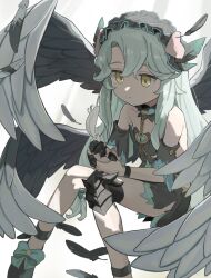 1girl animal_ears black_feathers black_wings chain claw_ring feathered_wings feathers flat_chest gold_chain green_hair hairband highres keyhole knee_armor lolita_hairband long_hair multiple_wings pig_ears precia_(fallen)_(princess_connect!) precia_(princess_connect!) princess_connect! simple_background solo tyaui_(xjju4435) wings yellow_eyes