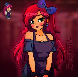 1girl apron artist_name blue_bow bow breasts earrings green_eyes grey_shirt grey_shoes hair_bow heart heart_earrings jewelry lipstick long_hair looking_at_viewer makeup medium_breasts modiey6 off_shoulder official_art_inset pink_hair purple_apron red_hair red_lips shirt shoes stylist_(terraria) terraria wristband