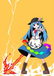 1girl asameshi black_hat blue_hair blue_skirt blush_stickers boots bow bowtie brown_boots flaming_sword flaming_weapon food fruit full_body hat hat_ornament hinanawi_tenshi holding holding_sword holding_weapon lace-up_boots long_hair looking_at_viewer open_mouth outstretched_arm peach red_bow red_bowtie red_eyes shide shirt skirt smile solo sword sword_of_hisou touhou weapon white_shirt