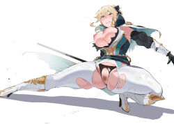 1girl battle black_panties black_sleeves blonde_hair blue_eyes boots breasts censored commentary detached_sleeves english_commentary female_pubic_hair fighting_stance full_body gauntlets genshin_impact hair_between_eyes high_heel_boots high_heels highres holding holding_sword holding_weapon injury jean_(genshin_impact) jean_(gunnhildr&#039;s_legacy)_(genshin_impact) knee_boots large_breasts long_hair mosaic_censoring nipples okpriko outstretched_leg panties pants ponytail pubic_hair pussy shirt solo sword thighs torn_clothes torn_panties torn_pants torn_shirt underwear weapon white_background white_boots white_pants