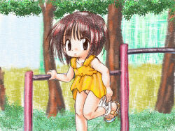 1girl arm_support black_eyes black_hair blue_sandals blush bush collarbone dress flat_chest grass horizontal_bar loli looking_at_viewer manoyuya_(artist) original panties panties_around_one_ankle panty_pull pussy sandals short_hair sleeveless sleeveless_dress smile standing standing_on_one_leg tree underwear white_panties yellow_dress