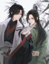 Rule 34 | 2boys, belt, black hair, black hanfu, blurry, blurry foreground, brown eyes, chinese clothes, coat, commentary, english commentary, facial mark, fern, forehead mark, green eyes, green hanfu, hair ornament, hand fan, hanfu, high ponytail, highres, holding, holding fan, leaf, light smile, looking at object, luo binghe, messy hair, multiple boys, ponytail, renzha fanpai zijiu xitong, rorynans, shen qingqiu, sidelocks, simple background, white background, white coat, wide sleeves