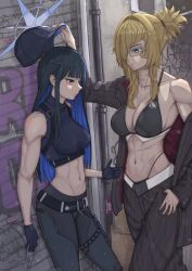 2girls abs absurdres air_conditioner alley artist_name bare_shoulders baseball_cap belt bikini bikini_bottom_pull black_belt black_bikini black_gloves black_hair black_jacket black_pants black_shirt blonde_hair blue_archive blue_eyes blue_hair blue_halo blunt_bangs breasts buckle chest_harness cleavage closed_mouth collar collarbone colored_inner_hair commentary cool_s crop_top crossover doro_(nikke) english_commentary formal_clothes glasses gloves goddess_of_victory:_nikke graffiti grave_(beautiful_you)_(nikke) grave_(nikke) groin hair_between_eyes hair_over_one_eye halo hand_in_pocket harness hat height_difference highleg highleg_bikini highres holding holding_unworn_clothes holding_unworn_hat industrial_pipe jacket knife knife_sheath large_breasts leaning_back long_hair long_sleeves looking_at_viewer martikol medium_breasts meme metal_collar midriff momoi_(blue_archive) multicolored_hair multiple_girls multiple_scars navel necklace_between_breasts no_mask off_shoulder official_alternate_costume pants pinstripe_jacket pinstripe_pants pinstripe_pattern pinstripe_suit ponytail pulling_another&#039;s_clothes racist_momoi_(meme) saori_(blue_archive) scar scar_on_stomach shadow sheath sheathed shirt short_ponytail sidelocks single_bare_shoulder sleeveless sleeveless_shirt snap-fit_buckle standing stomach suit swimsuit thigh_sheath toned toned_female underbust unworn_hat unworn_headwear