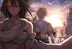 00s 1boy 1girl back back-to-back beads blonde_hair building final_fantasy final_fantasy_x hood hoodie jewelry necklace scenery sunset tidus toufu_koubou yuna