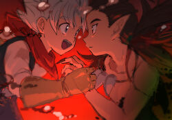 2boys air_bubble ambiguous_red_liquid black_nails black_vest blue_eyes blue_pants brown_hair bubble commentary_request doofuf dragon_quest dragon_quest_builders_2 eye_contact fingernails gloves hair_horns holding_hands jewelry long_fingernails looking_at_another low_ponytail male_builder_(dqb2) male_focus multiple_boys neckerchief necklace open_mouth pants pointy_ears ponytail profile red_eyes red_neckerchief sharp_fingernails shirt short_hair sidoh_(dqb2) spiked_hair tooth_necklace topless_male underwater upper_body vest white_hair white_shirt yellow_gloves