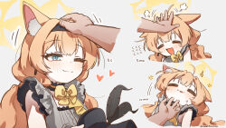 Rule 34 | 1girl, = =, absurdres, ahoge, animal ear fluff, animal ears, artist name, blue archive, blue eyes, blush, cat ears, closed eyes, closed mouth, flying sweatdrops, grey background, halo, hat, headpat, heart, highres, holding, holding unworn clothes, holding unworn hat, long hair, mari (blue archive), mari (idol) (blue archive), mountain han, multiple views, official alternate costume, one eye closed, open mouth, orange hair, puff of air, scratching chin, smile, solo focus, unworn hat, unworn headwear, yellow halo