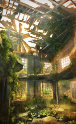 abandoned absurdres building bush commentary_request day dilapidated dog flower grass highres lily_pad nao1524 no_humans original overgrown plant purple_flower ruins scenery tree vines water windmill window