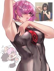 Rule 34 | 1boy, 1girl, arm behind back, armpits, black-framed eyewear, black dress, breasts, chibi, chibi inset, covered navel, dress, fate/grand order, fate (series), fujimaru ritsuka (male), glasses, hair over one eye, hand on own chest, highres, lips, looking at viewer, mash kyrielight, medium breasts, necktie, parted lips, photo-referenced, photo inset, pink hair, purple eyes, red necktie, short hair, skin tight, sleeveless, sleeveless dress, smelling, smelling armpit, takahashi rie, upper body, white background, wwkp (akisenpai9999)